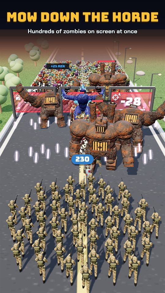 A zombie horde pouring down the road toward the squad